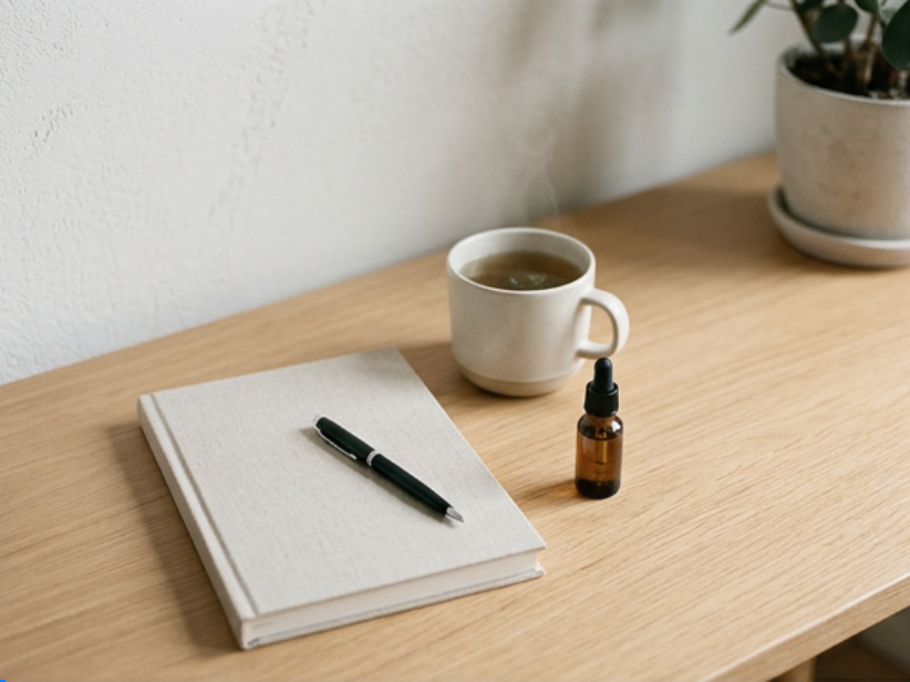 A wooden desk holding a white coffee mug filled with a hot beverage, an amber essential oil dropper bottle, a closed notebook, and a black pen. A potted plant is visible in the background.