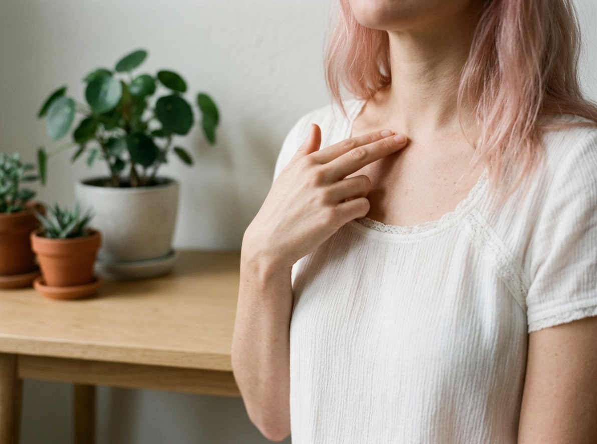 Woman with pink hair pointing to her chest near her collarbone, indoors with potted plants on a wooden table in the background.