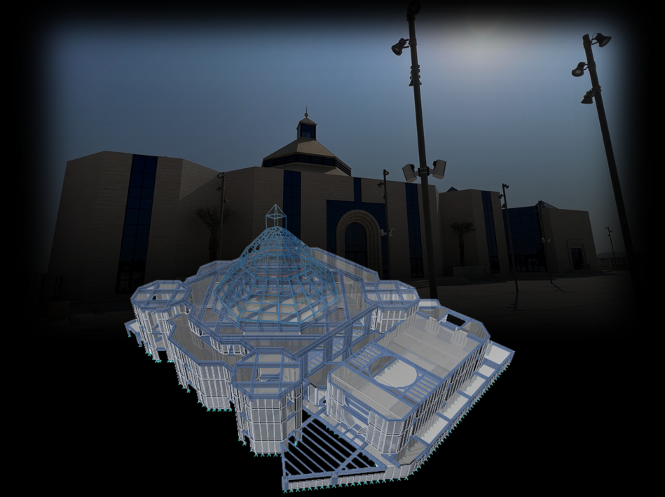 A digital 3D rendering of a domed architectural structure with multiple hexagonal sections, set against a dark background with streetlights and a building with a central dome.