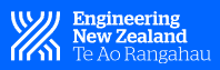 Logo for Engineering New Zealand, featuring a stylized blue gear design and the text 'Engineering New Zealand Te Ao Rangaaha'.