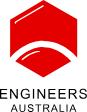 Red shield-shaped logo with a white outline of a building and the words 'ENGINEERS AUSTRALIA' below