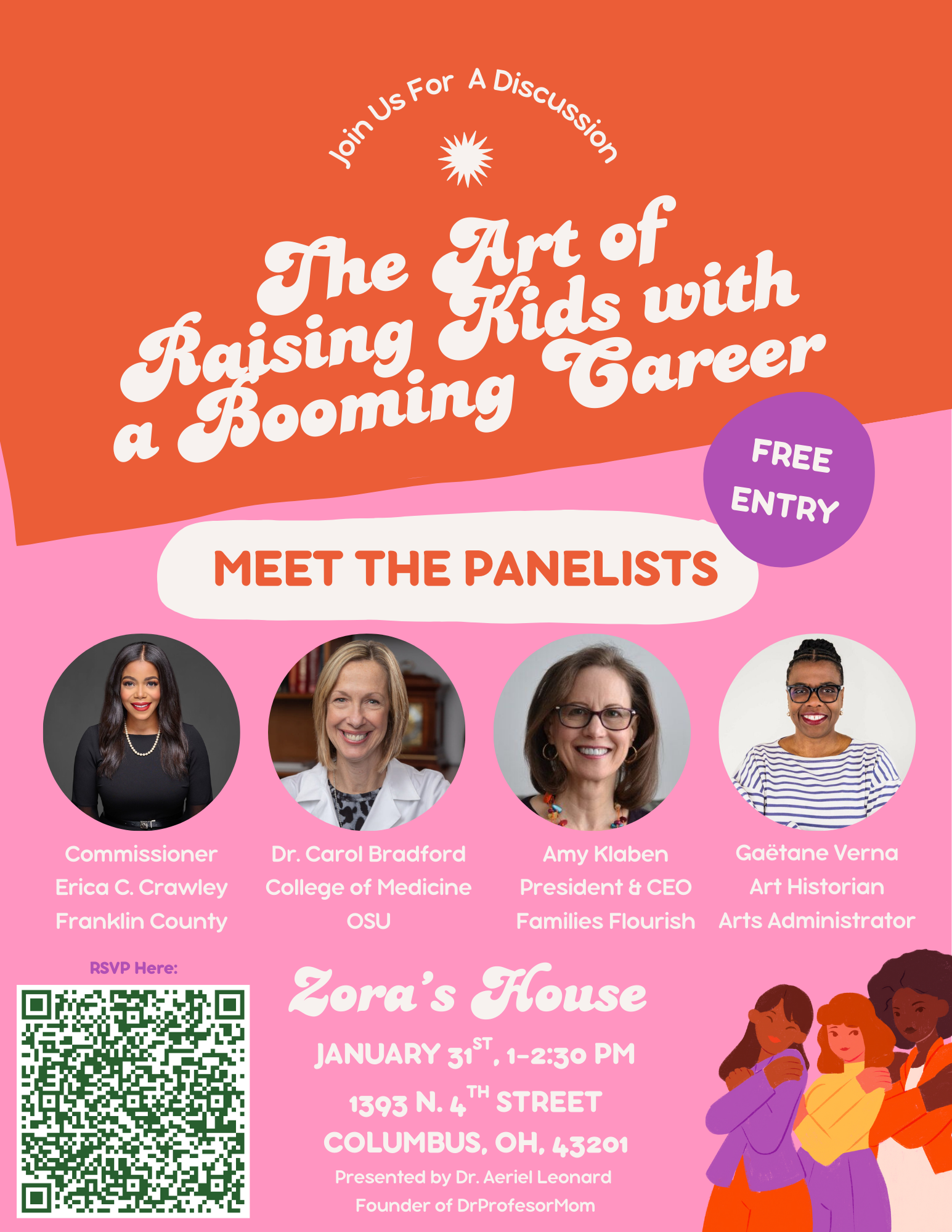 Colorful poster advertising a panel discussion titled 'The Art of Raising Kids with a Booming Career,' featuring photos of four women panelists and event details, including date, time, and location.