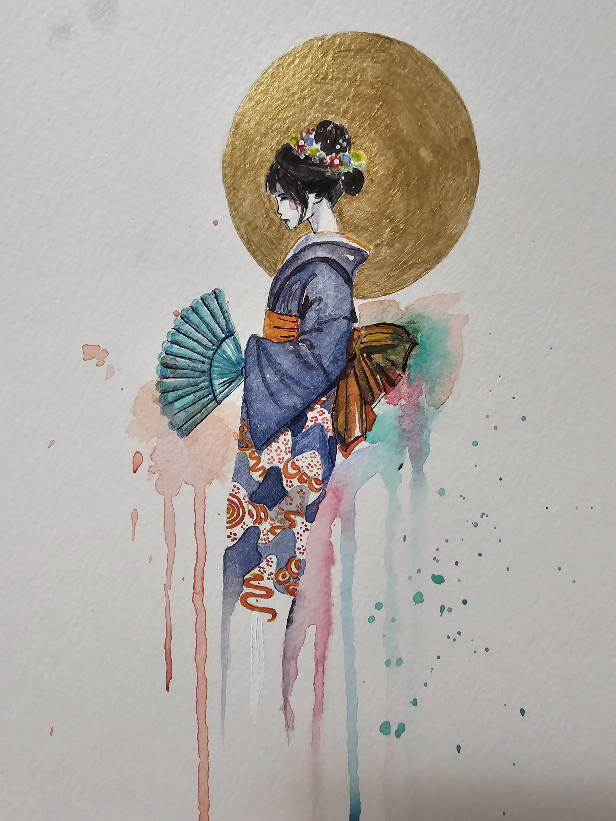 Geisha with Fan - Watercolor
