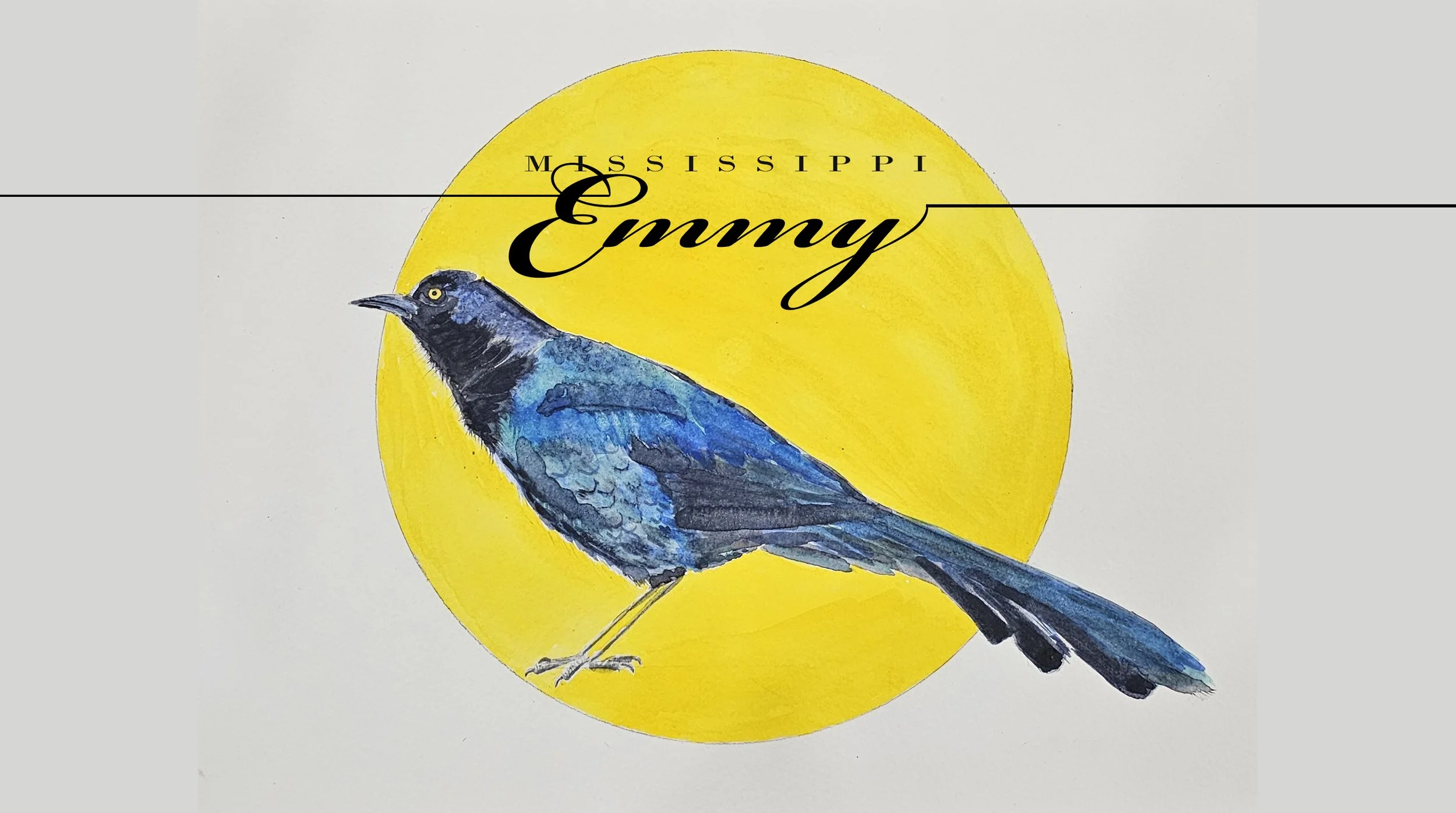Watercolor painting of a blue jay bird perched on a branch, with a yellow circle background and text reading 'Mississippi Emmet' in black and cursive fonts.