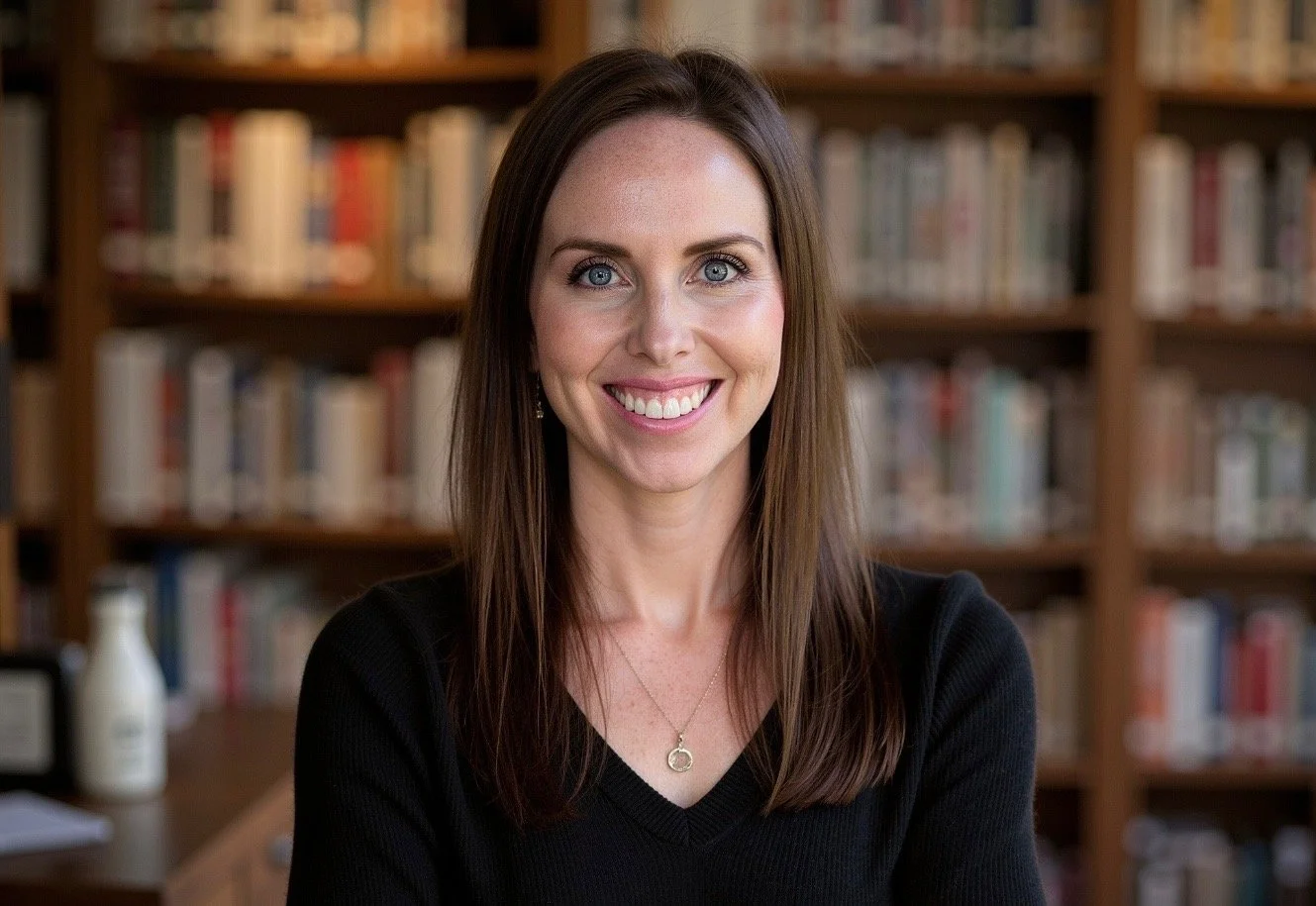 A woman with long brown hair and light skin, smiling and wearing a black top, in front of a background of bookshelves filled with books.