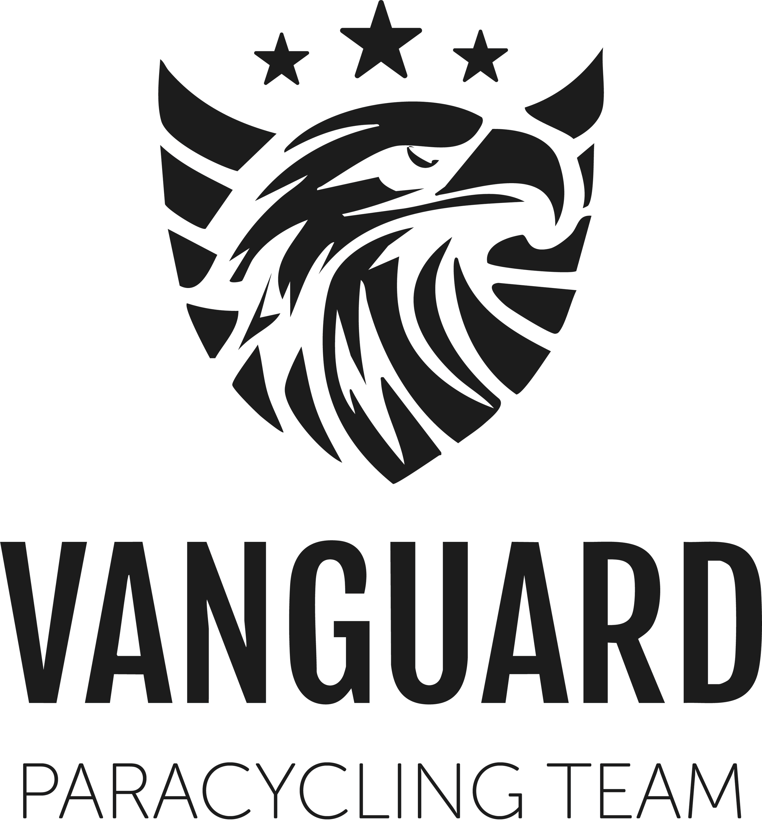 Black and white logo of Vanguard Paracycling Team featuring an eagle's head and a shield with three stars above.