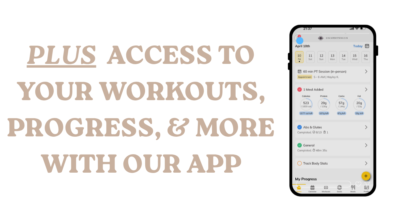 A digital fitness app interface on a smartphone screen showing date, scheduled workout, meal tracker, calorie, protein, carbohydrate, fat intake, and progress charts, with a yellow '+' button at the bottom right.