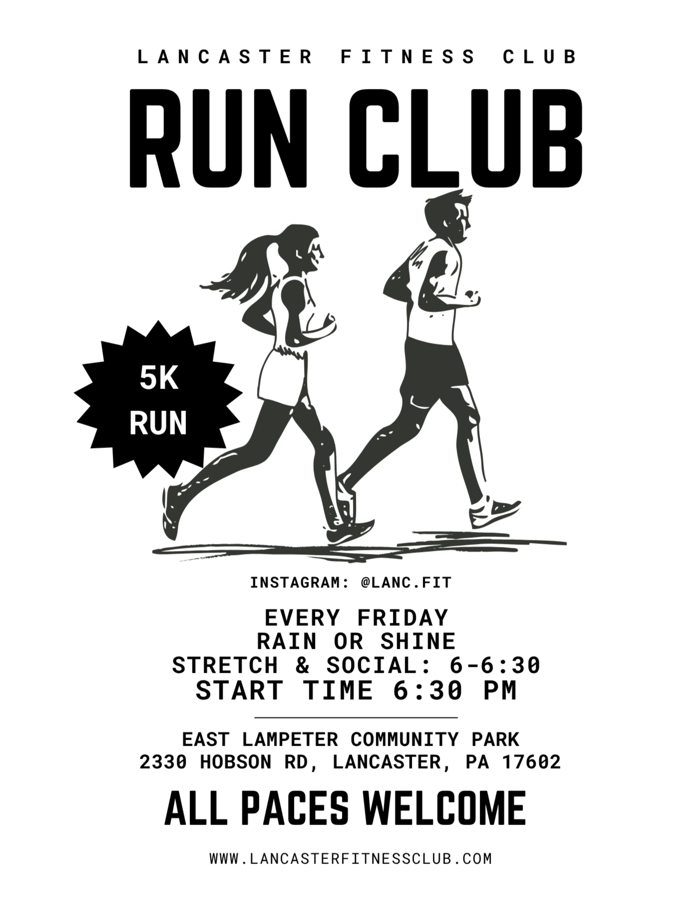 Illustration of a woman and a man running, with the words '5K RUN' beside them, on a black background.
