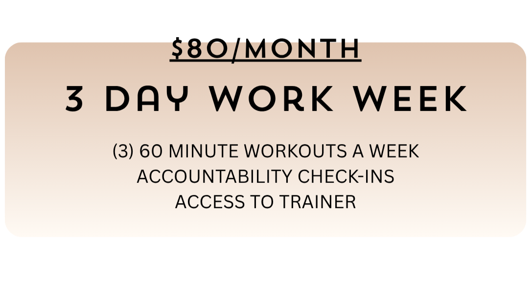 Text promoting a fitness plan: $80/month, 3 day work week, three 60-minute workouts weekly, accountability check-ins, access to trainer.