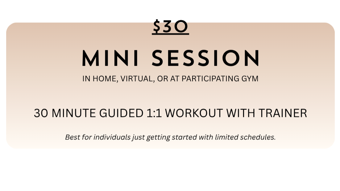 Promotion for a $30 mini session, offering a 30-minute guided workout with a trainer, available in home, virtual, or at a gym, suitable for individuals with limited schedules.