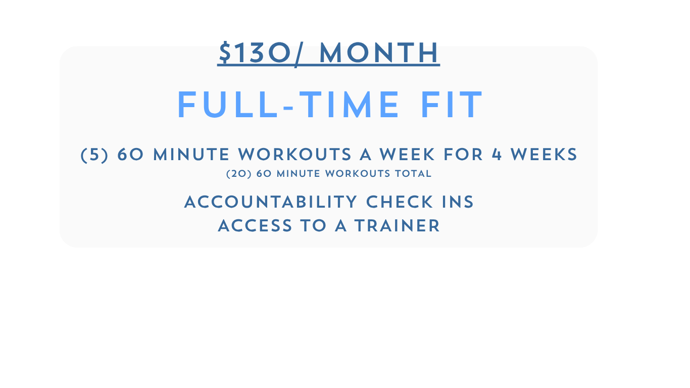 Lancaster Fitness Club Full-Time Fit personalized workout plan for $130 per month, featuring five 60-minute workouts per week for four weeks, 20 total workouts, accountability check-ins, and access to a personal trainer.