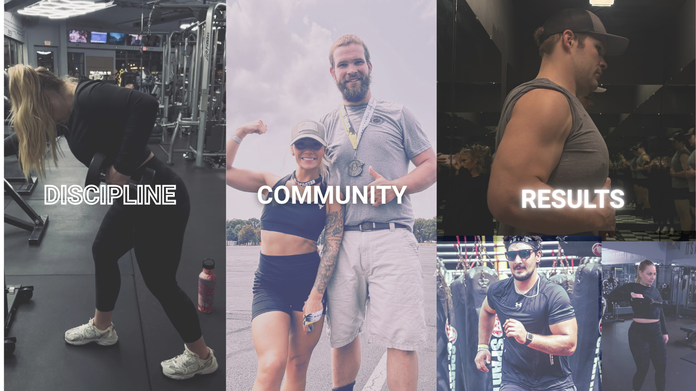 Collage of five people in fitness settings with text overlays: woman lifting weights at gym labeled 'Discipline', man and woman outdoors with medals labeled 'Community', woman in workout shirt in gym labeled 'Results', man running outdoors with sunglasses, and woman at gym in black workout clothes.