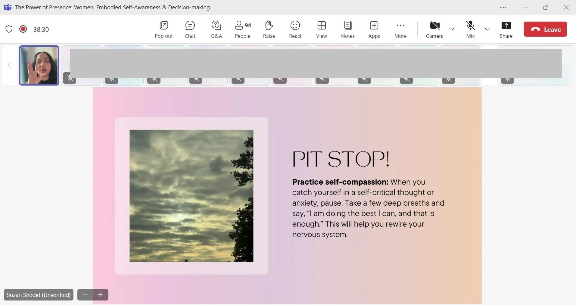 A slide with a cloudy sky photo and text about practicing self-compassion, encouraging deep breaths and positive self-talk to rewire the nervous system.