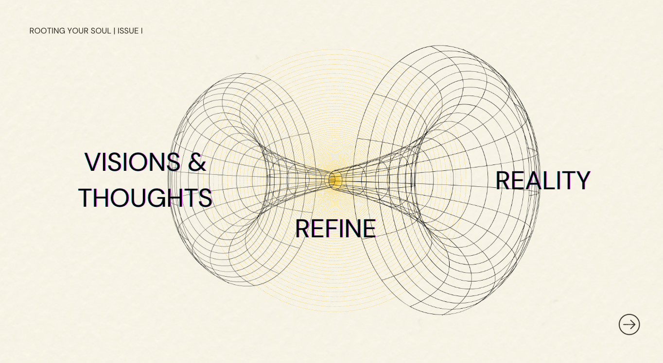 A digital diagram with intersecting 3D wireframe spheres labeled "Visions & Thoughts," "Reality," and "Refine," illustrating a conceptual connection between ideas and perception, with a minimalist background.