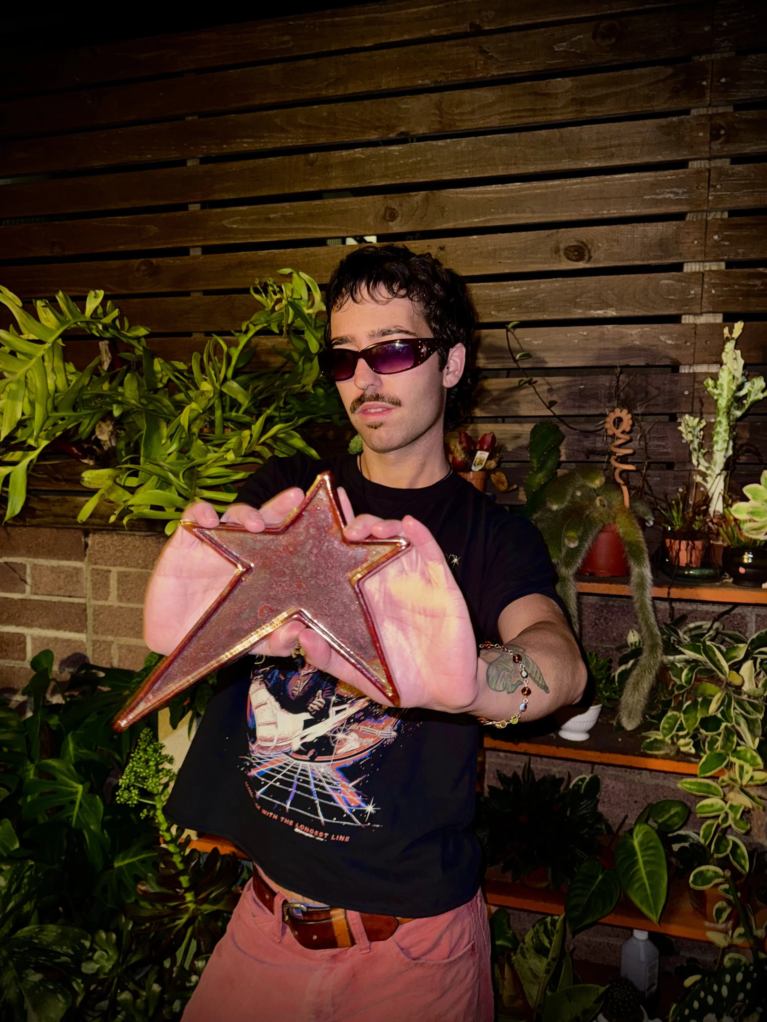 A person with dark curly hair, wearing sunglasses, a black graphic t-shirt, and pink pants, holding a large red and gold star-shaped object in front of a background of green plants and a wooden fence.