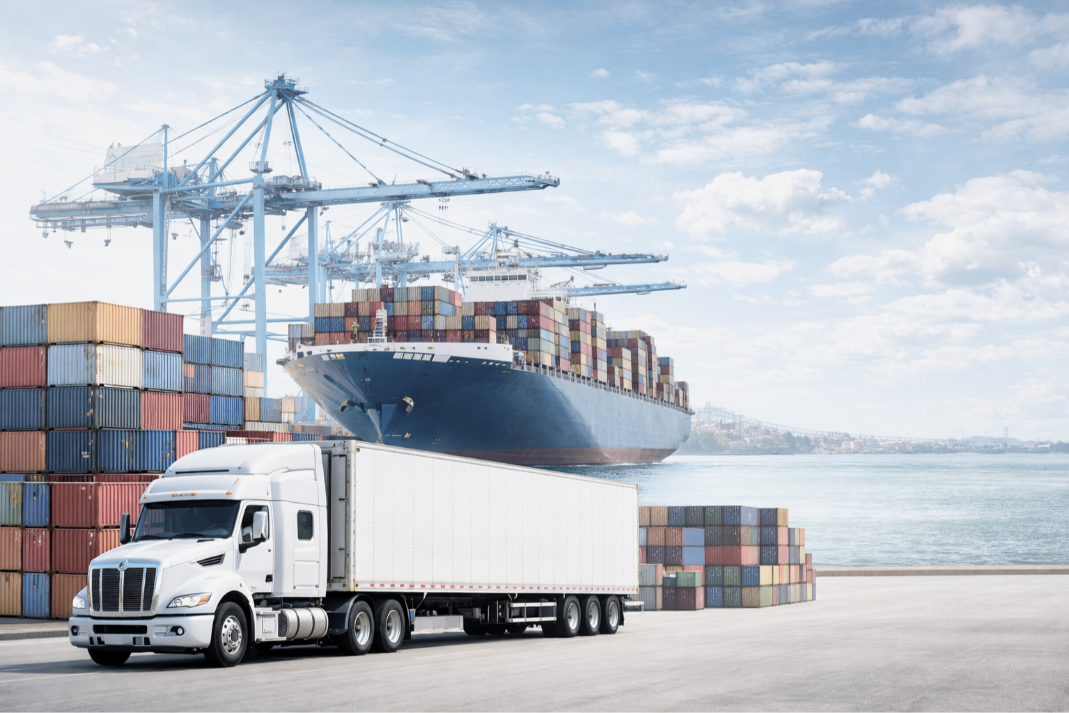 Camión de carga en puerto con buque carguero y grúas de contenedores en el fondo, junto al río y cielo con nubes.