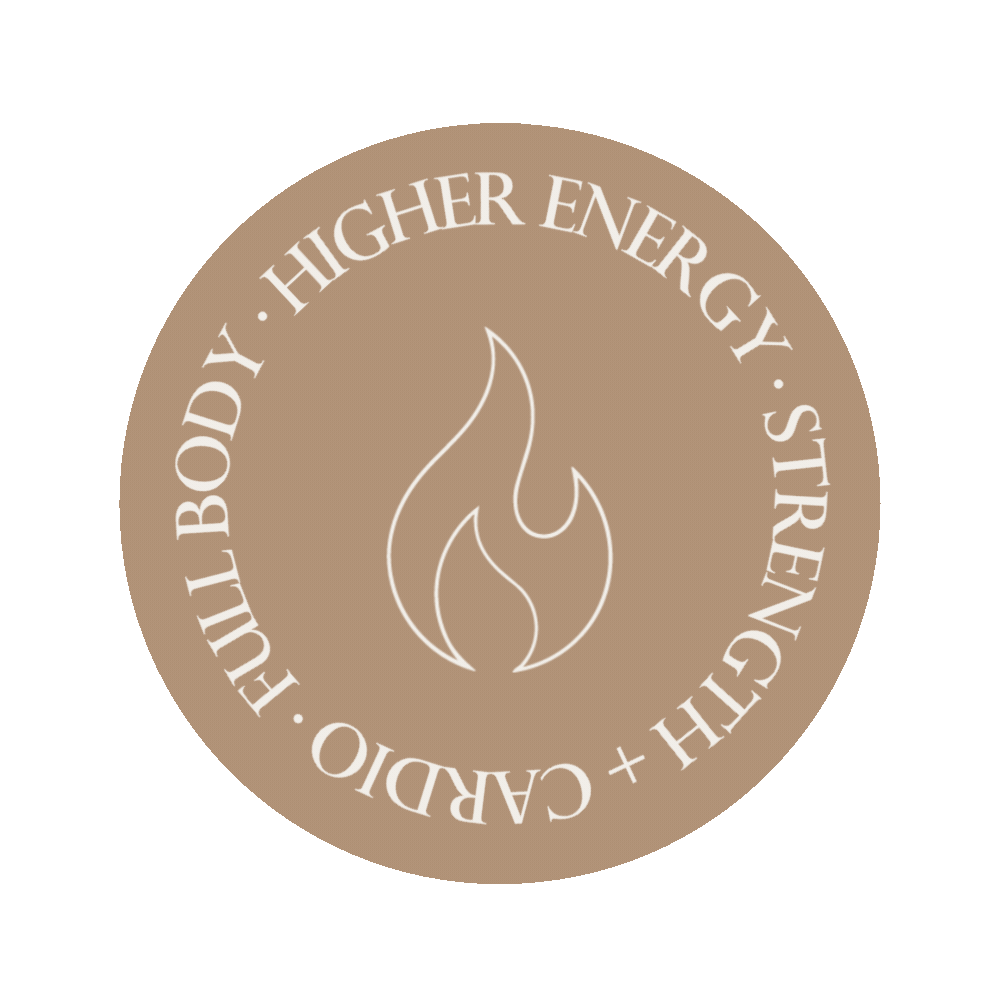A circular badge with a beige background, featuring a stylized flame icon in the center. The outer ring of the badge contains the words 'Higher Energy,' 'Street Catcho,' 'Eull Body,' and 'Cardio' separated by dots, all written in white font.