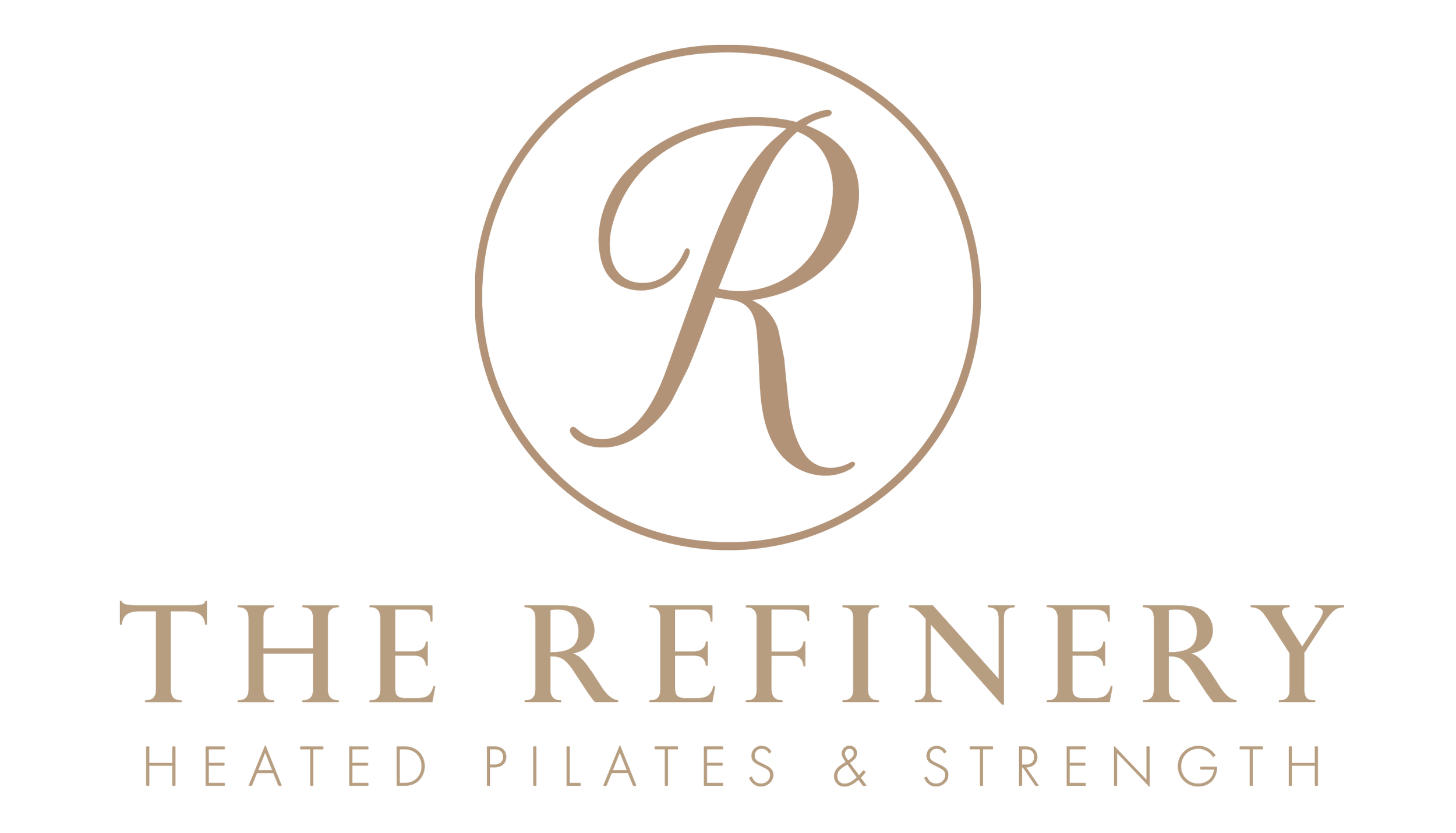 Logo for The Refinery featuring a stylized 'R' inside a circle with the text 'The Refinery: Heated Pilates & Strength' below.