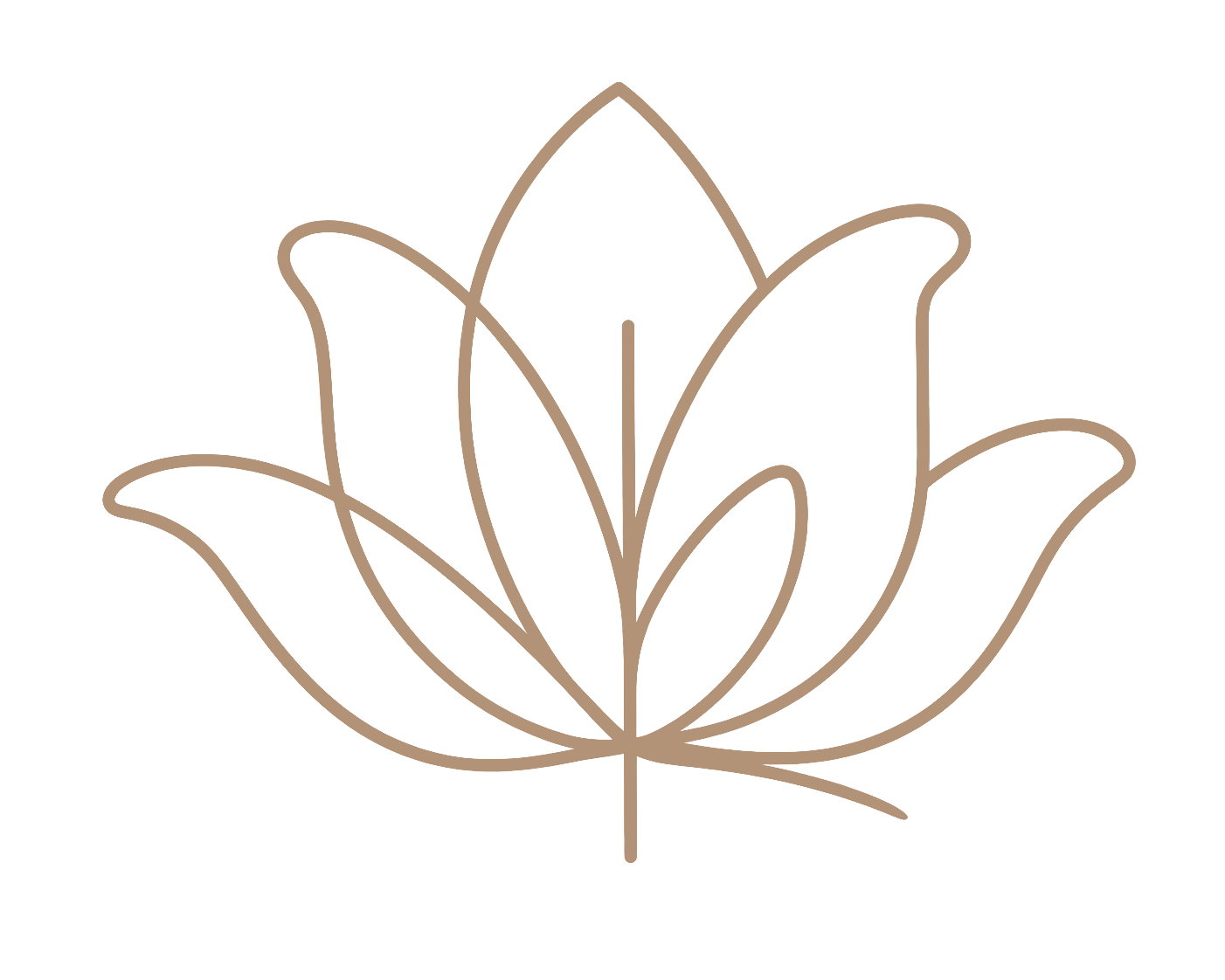 Minimalist line drawing of a stylized lotus flower with symmetrical petals outlined in brown.