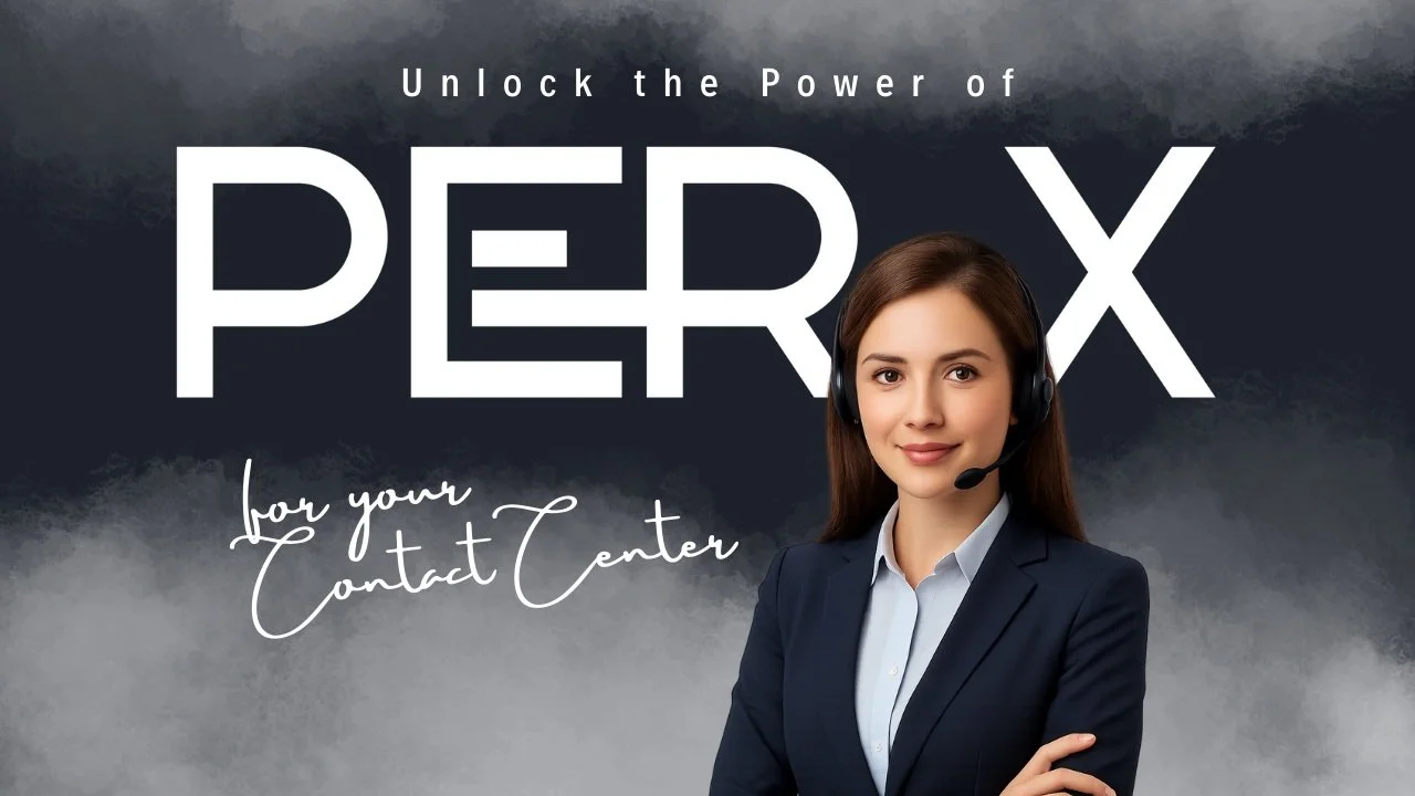 A woman in professional attire wearing a headset, standing in front of a dark gray background with white text that reads "Unlock the Power of PER X for your Contact Center".