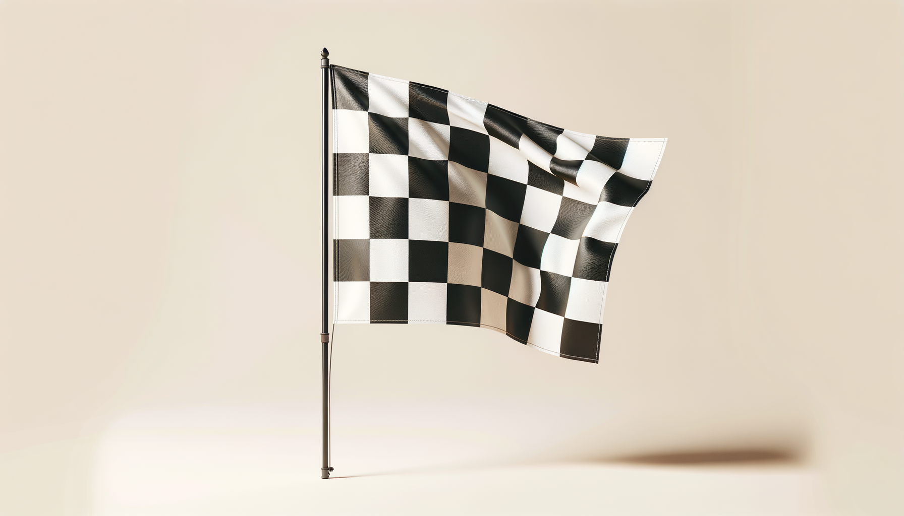 Black and white checkered racing flag waving in the air on a beige background.