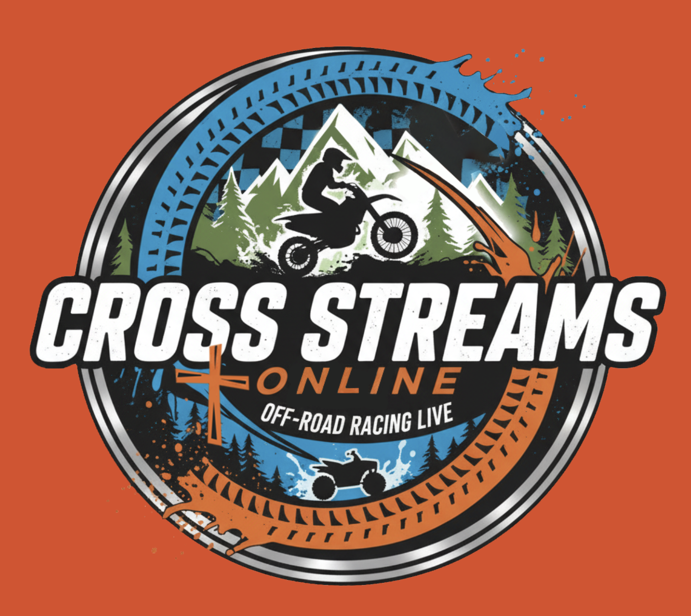 Logo for Cross Streams Online featuring a mountain landscape with trees and a mountain biker, with text 'Cross Streams Online' and 'Off-Road Racing Live'.