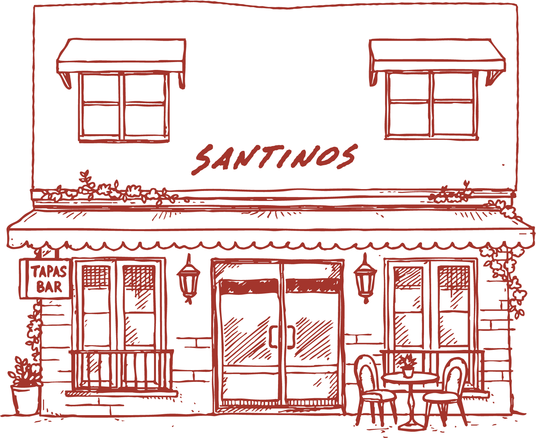 A line drawing of a restaurant or bar named 'SANTINOS' with two upper windows, a door with glass panes, and a small outdoor seating area with two chairs and a table, surrounded by plants. The sign on the left indicates it is a 'TAPAS BAR'.