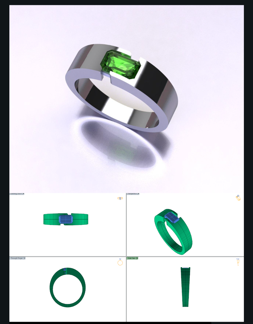 A 3D CAD model of a custom platinum ring with a rectangular tsavorite gemstone set horizontally in the center.