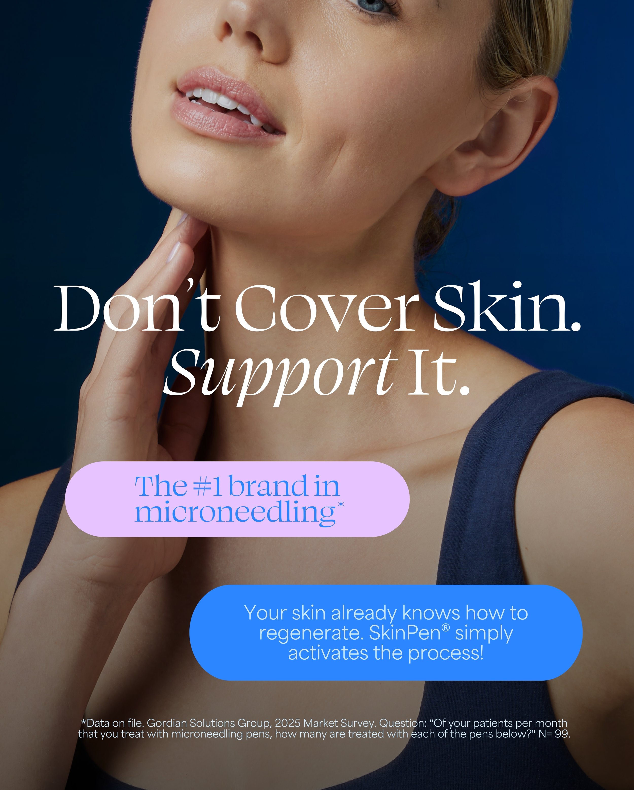 Close-up of a woman's face and shoulder, with text overlay about skin treatment, including a statement about supporting the microneedling industry and information about skin regeneration with SkinPen.