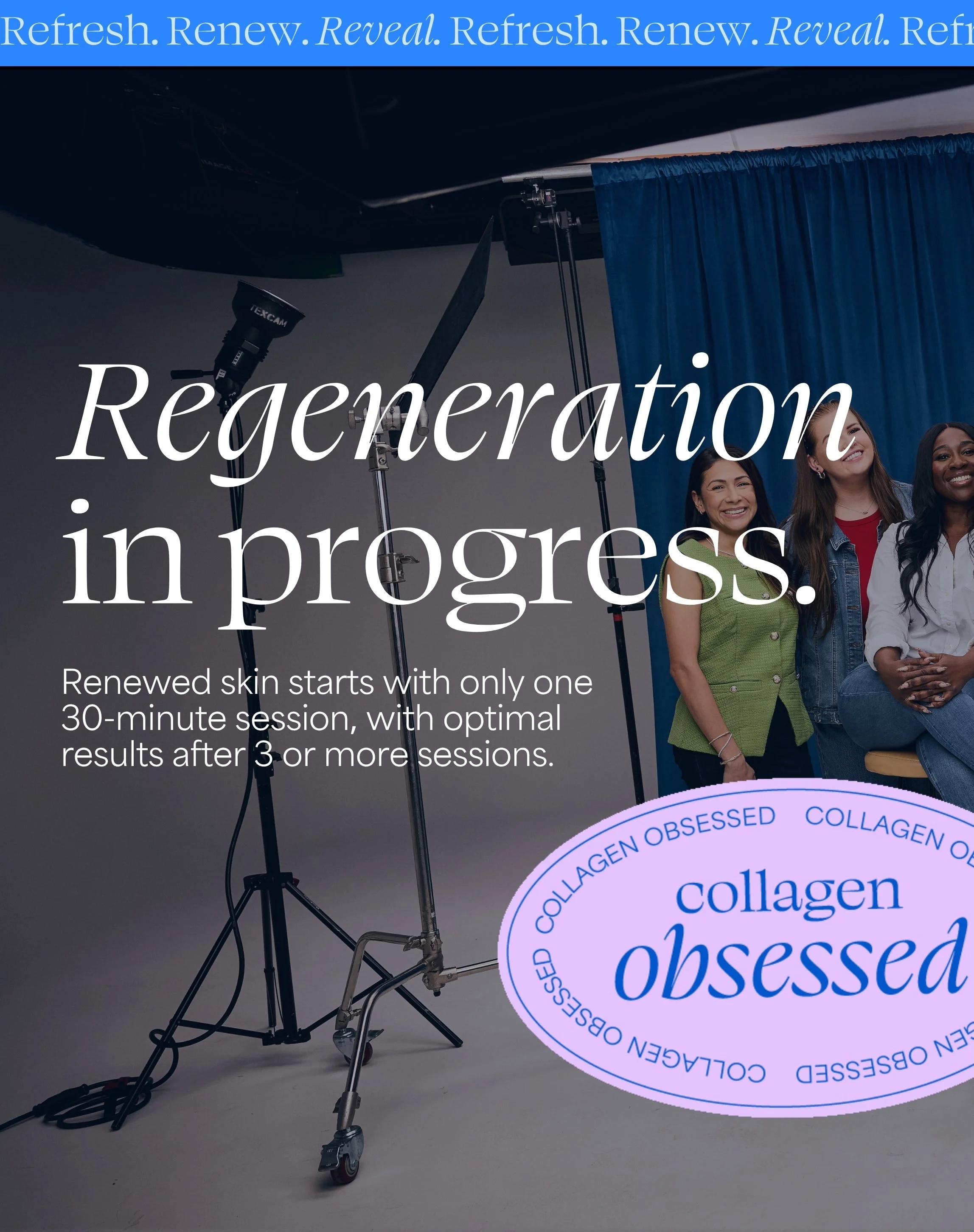 A photography studio setup with a blue curtain, studio lights, and a group of smiling women. Overlaid text reads 'Rejuvenation in progress.'