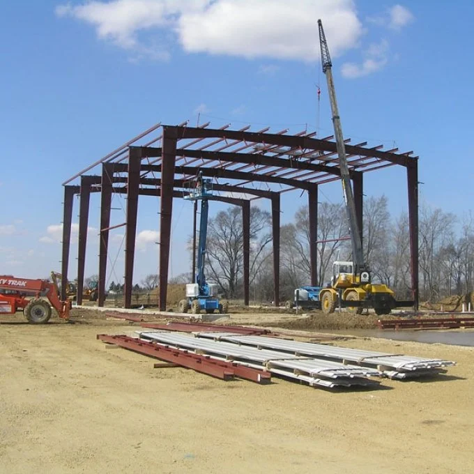 Exposed steel structure of a metal building during construction