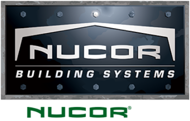 Nucor Building Systems logo on a metallic surface background.