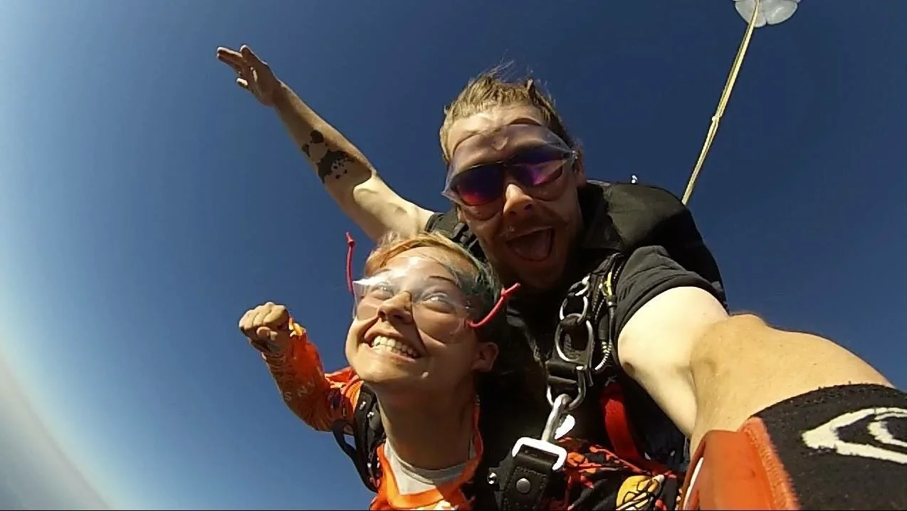 selfie photo of a tandem skydive