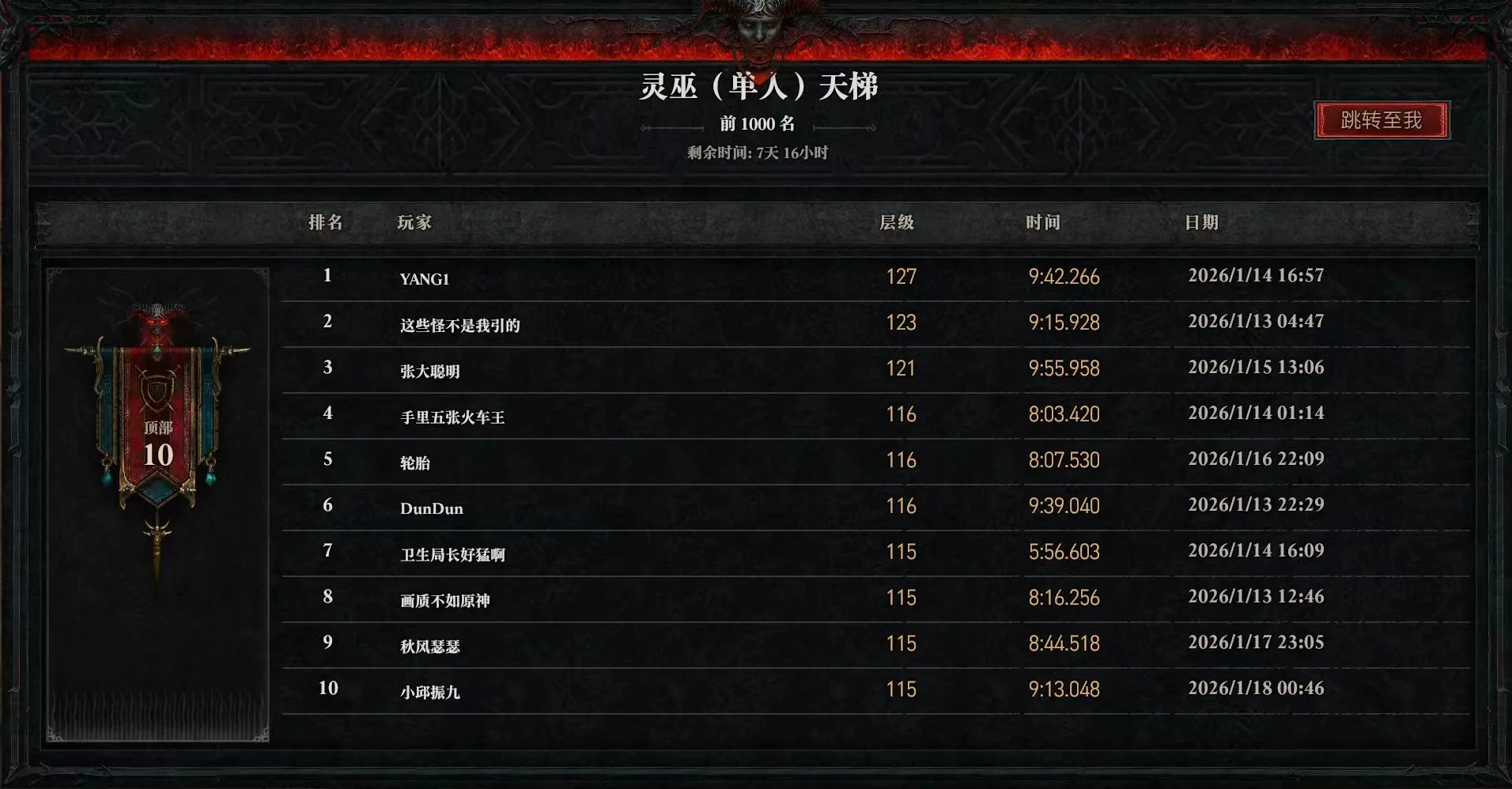 Video game leaderboard showing top ten players with names, levels, times, and dates, featuring dark gothic-themed interface and a red and black emblem on the left side.