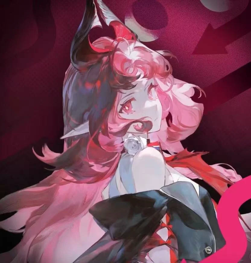 Anime-style illustration of a girl with pink hair, fox ears, and a mischievous expression, set against a dark pink background with abstract shapes.