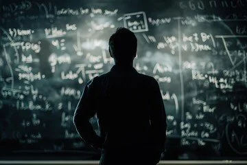 A person standing in front of a large chalkboard filled with complex mathematical equations and diagrams.