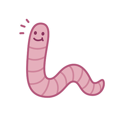 Cartoon pink worm with a smiling face and waving near its head.