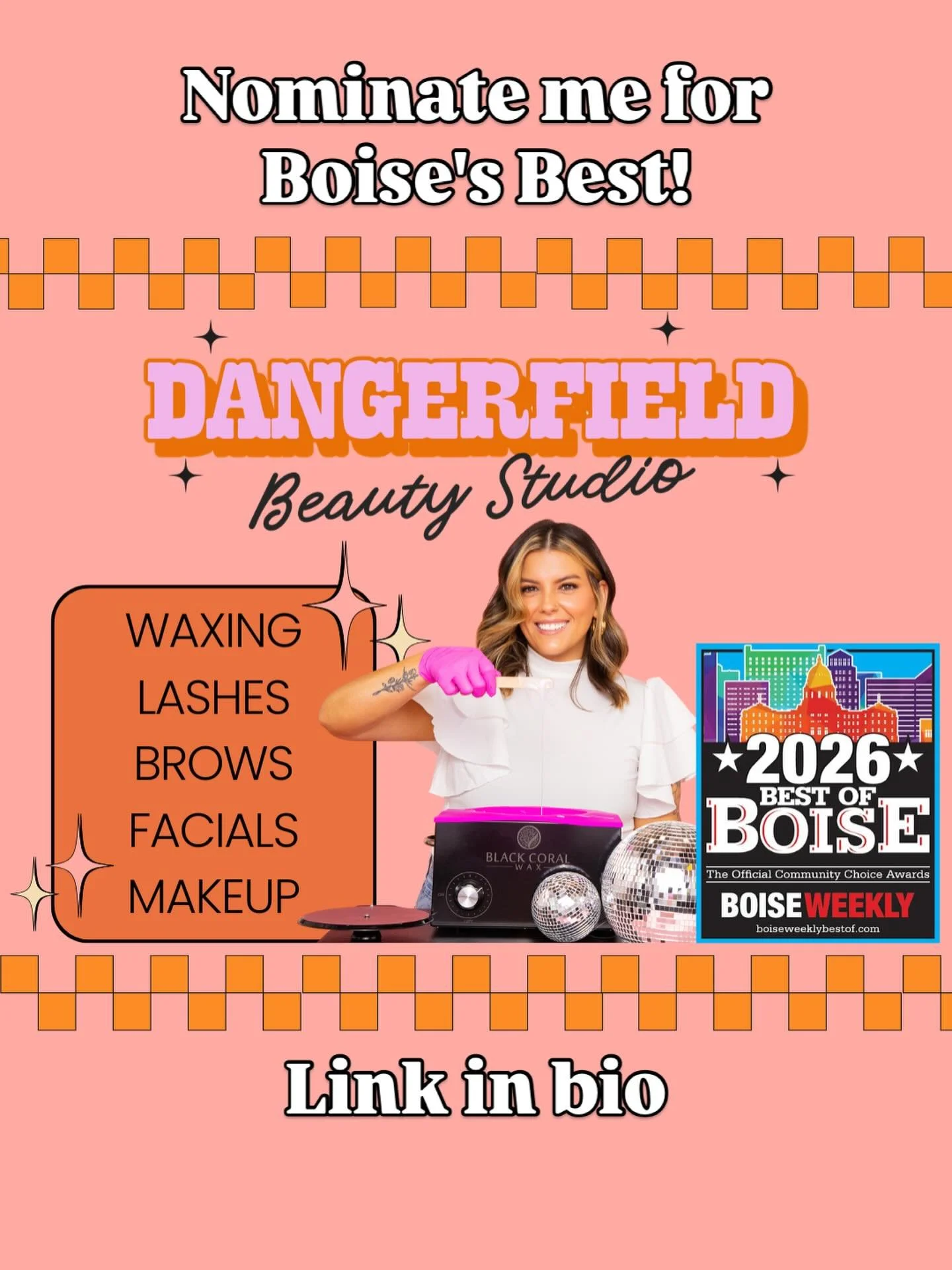 ✨ I need your help, beautiful friends! ✨

Nominations are open now-March 22nd for Boise&rsquo;s Best 2026, and I would be so grateful for your support. If you&rsquo;ve loved your time at Dangerfield Beauty Studio, you can nominate me in:

&bull; Make