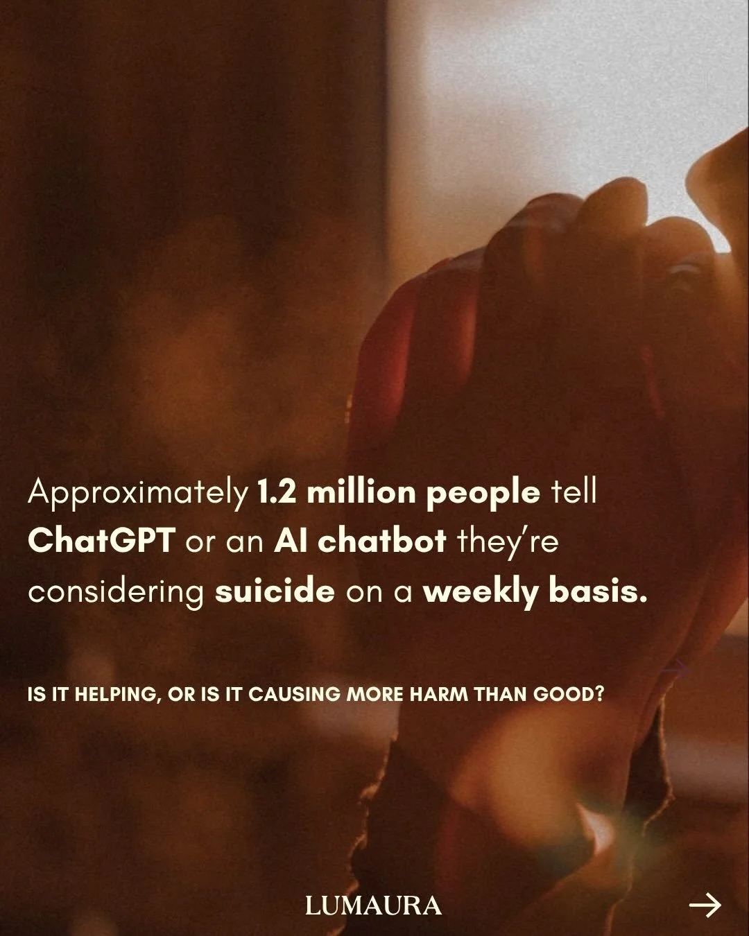Did you know approximately 1.2 million people tell ChatGPT or an AI chatbot they&rsquo;re considering suicide every week?

Is it helping, or could it be causing more harm than good?

The answer isn&rsquo;t simple. AI might give someone a place to spe