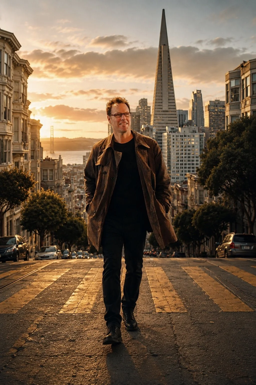 A man walking on a city street at sunset with the San Francisco skyline, including the Transamerica Pyramid, in the background.