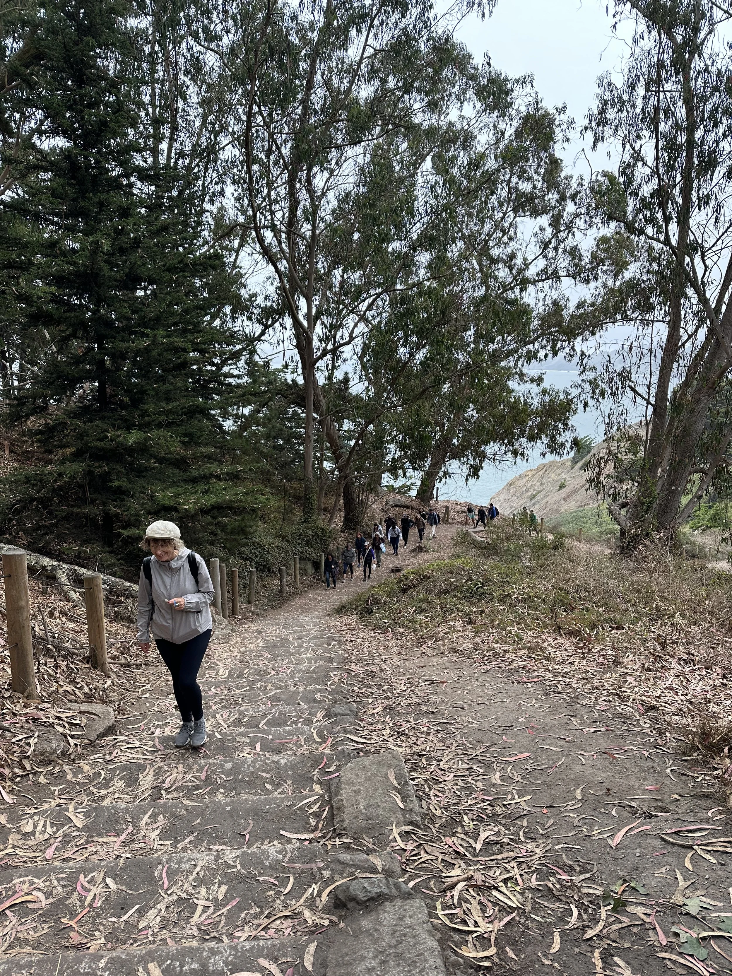 A woman hiking on a trail surrounded by trees and other hikers in the distance.