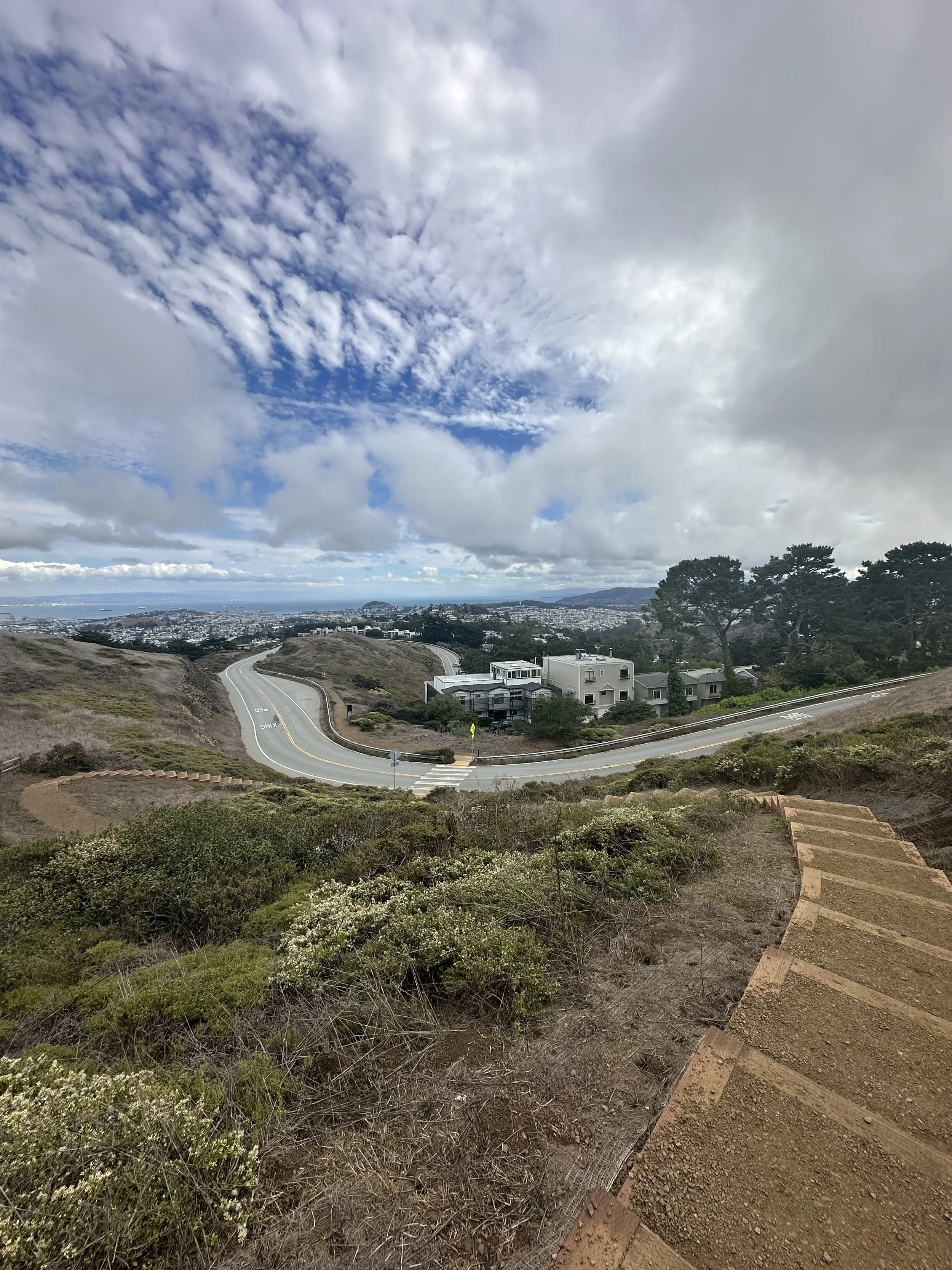 Hilly landscape with a winding road, residential houses, trees, and a partly cloudy sky