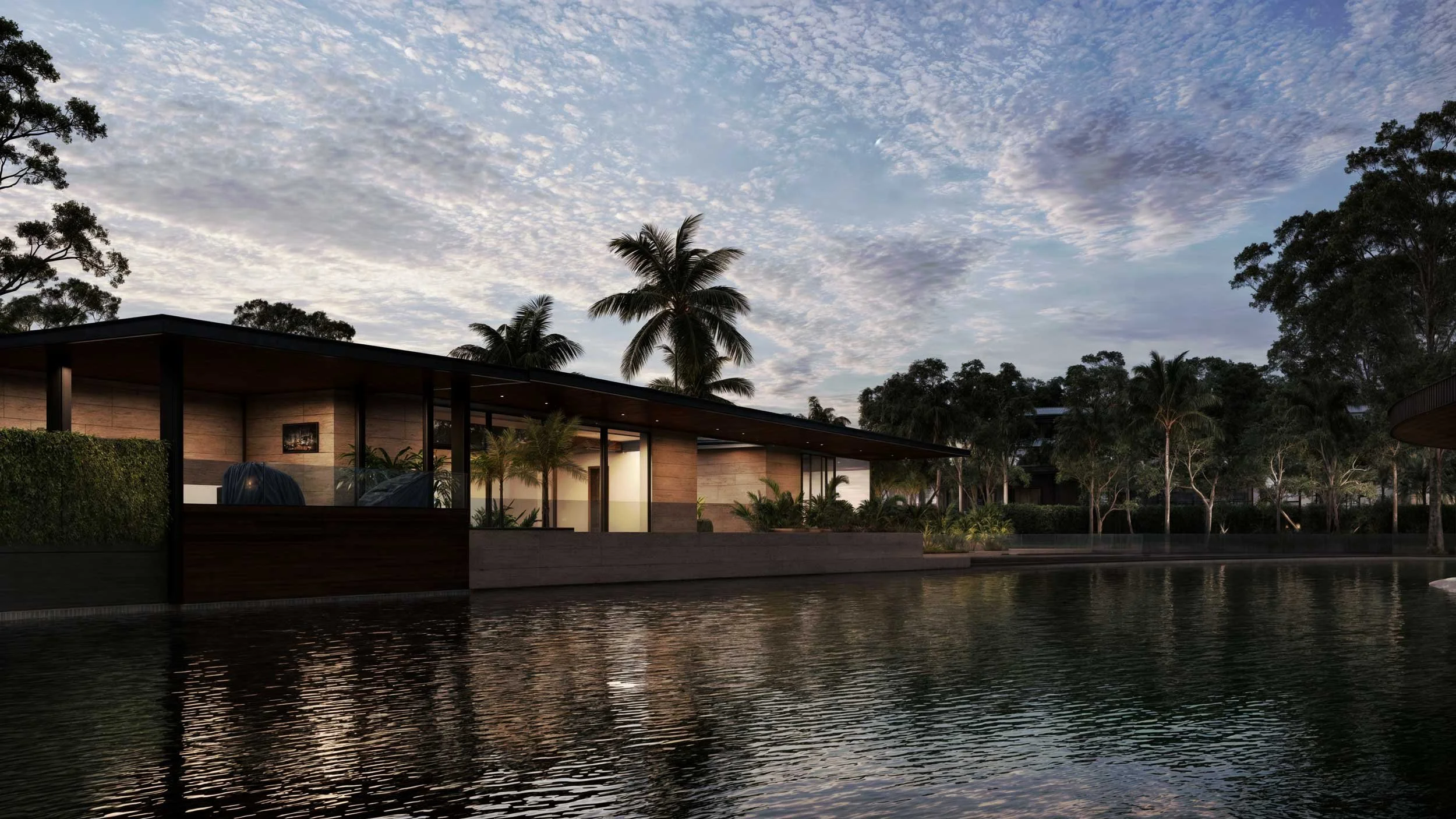 Render nocturno de una villa de lujo moderna frente a un lago artificial en Tapachula, Chiapas. Diseño arquitectónico tropical con amplios ventanales, madera e iluminación cálida, por Aven Haus.