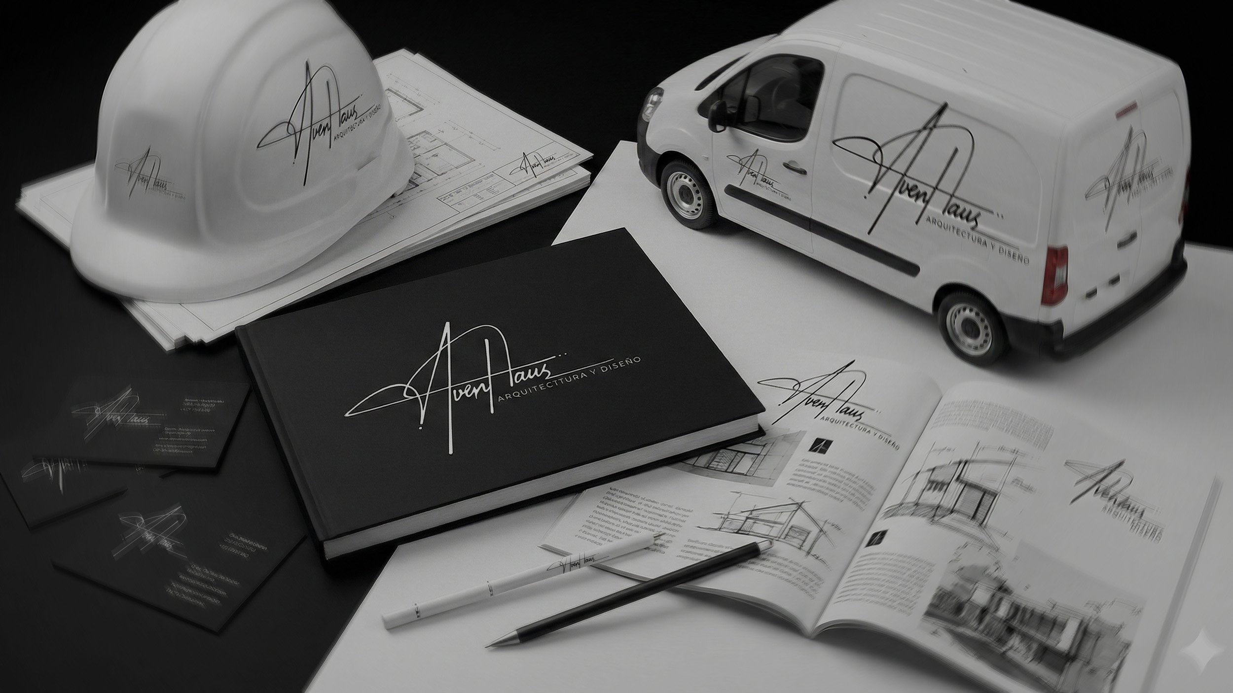 Kit de identidad corporativa de Aven Haus Arquitectura y Diseño. Incluye casco de seguridad, planos arquitectónicos, vehículo utilitario a escala y papelería oficial de la firma en Tapachula.