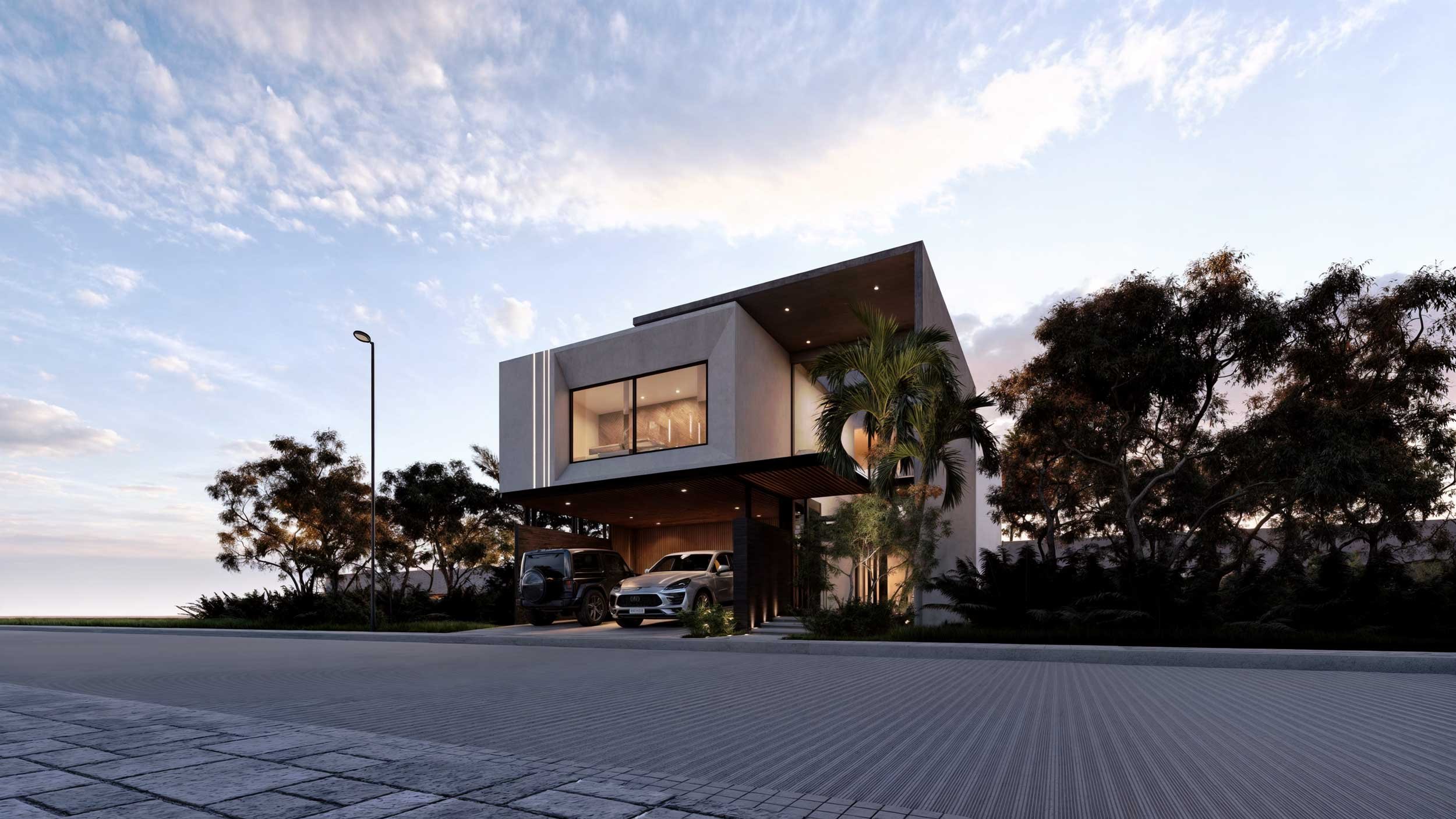 Render de fachada de casa moderna en Tapachula, Chiapas, con diseño arquitectónico minimalista e iluminación cálida por Aven Haus.