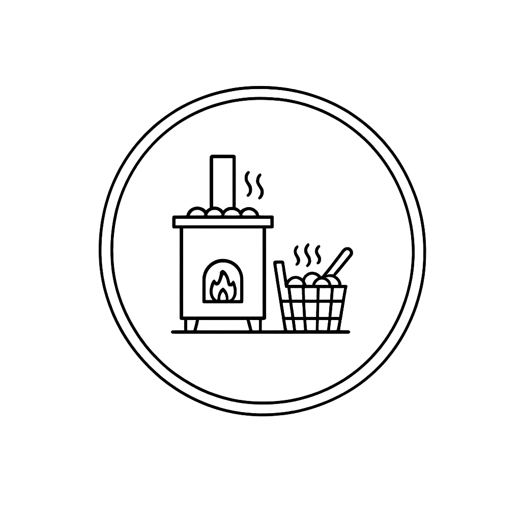 Line drawing of a wood stove and a basket of potatoes with steam rising, within a circular border.