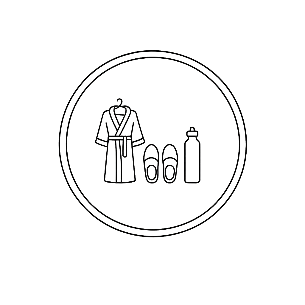 Line drawing of a robe, slippers, and water bottle inside a circle.