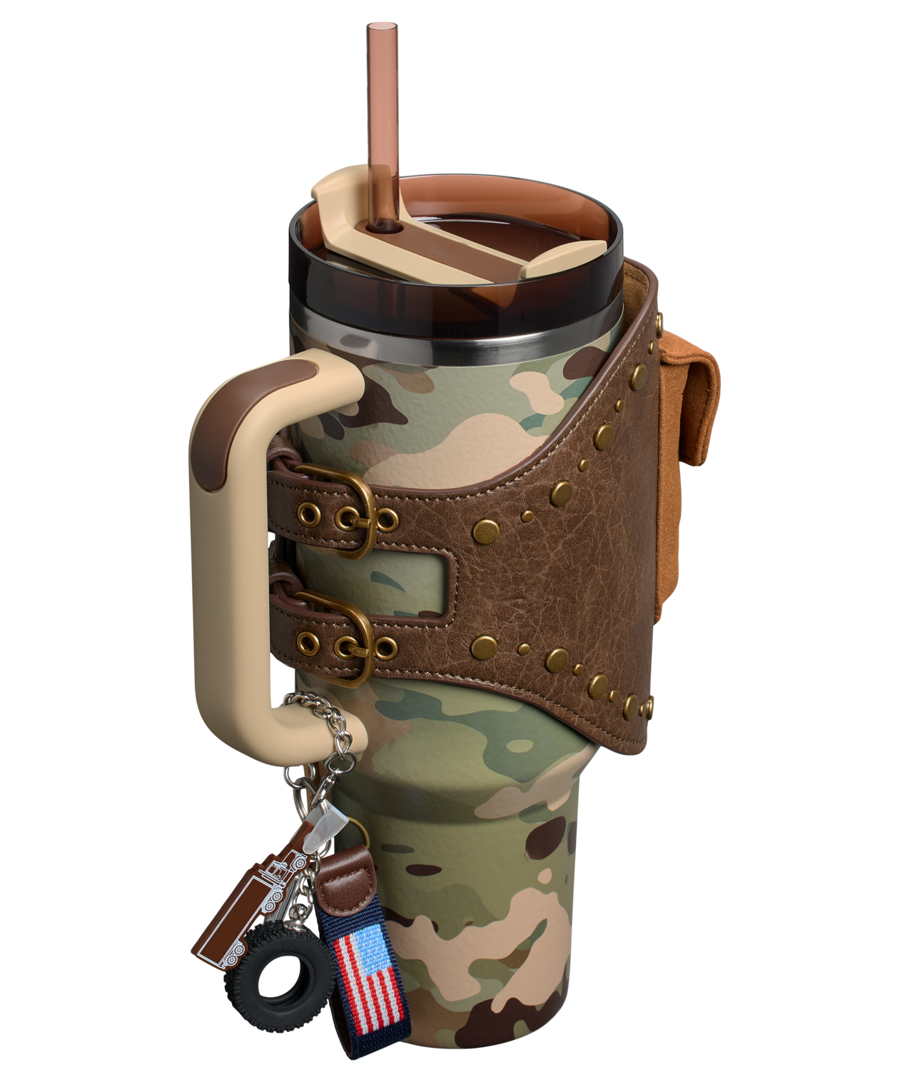 A camouflage-patterned tumbler with a brown leather holder and brass studs, featuring a beige handle, a detachable brown strap with keys and a keychain, and a brown lid with a drinking straw.