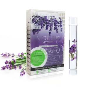 Lavender scent diffusion set with lavender flowers and a glass spray bottle.
