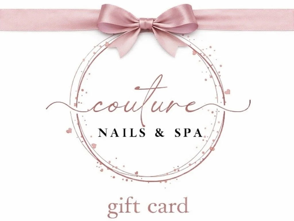 A gift card for Couture Nails & Spa featuring a pink ribbon and bow at the top, with pink and black text on a white background, decorated with small pink hearts.